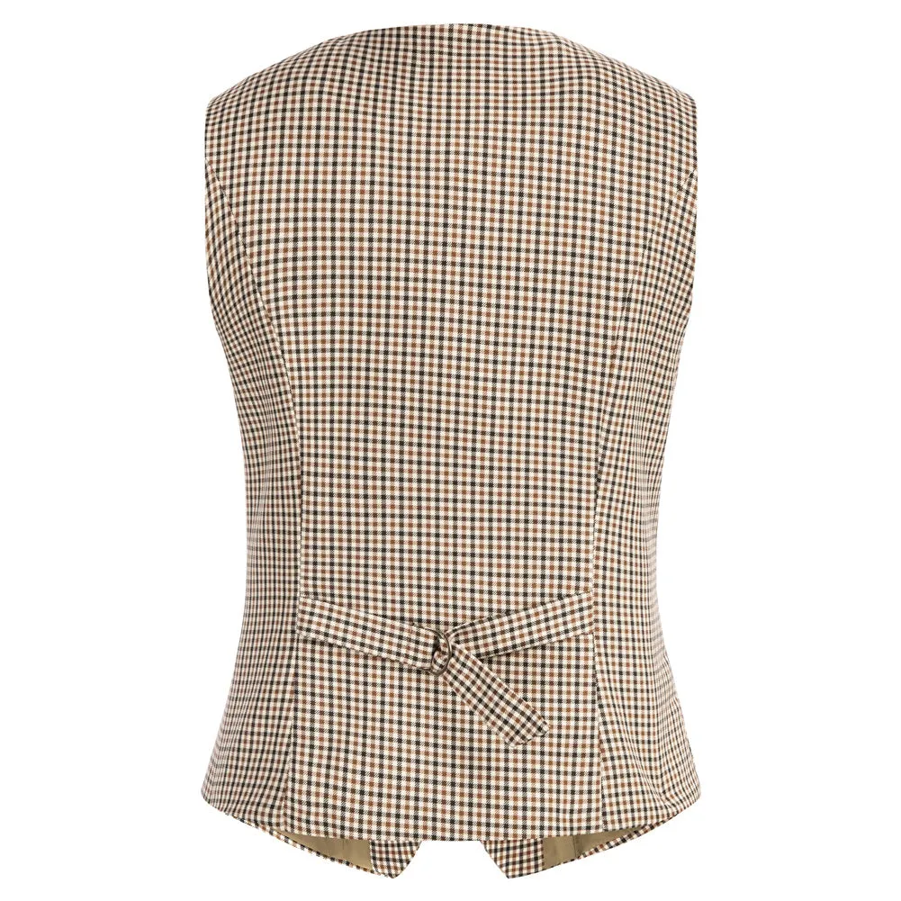 Vintage Fans Look of  Plaid Double Breasted Vest Deep V-Neck Handkerchief Hem Vest Coat