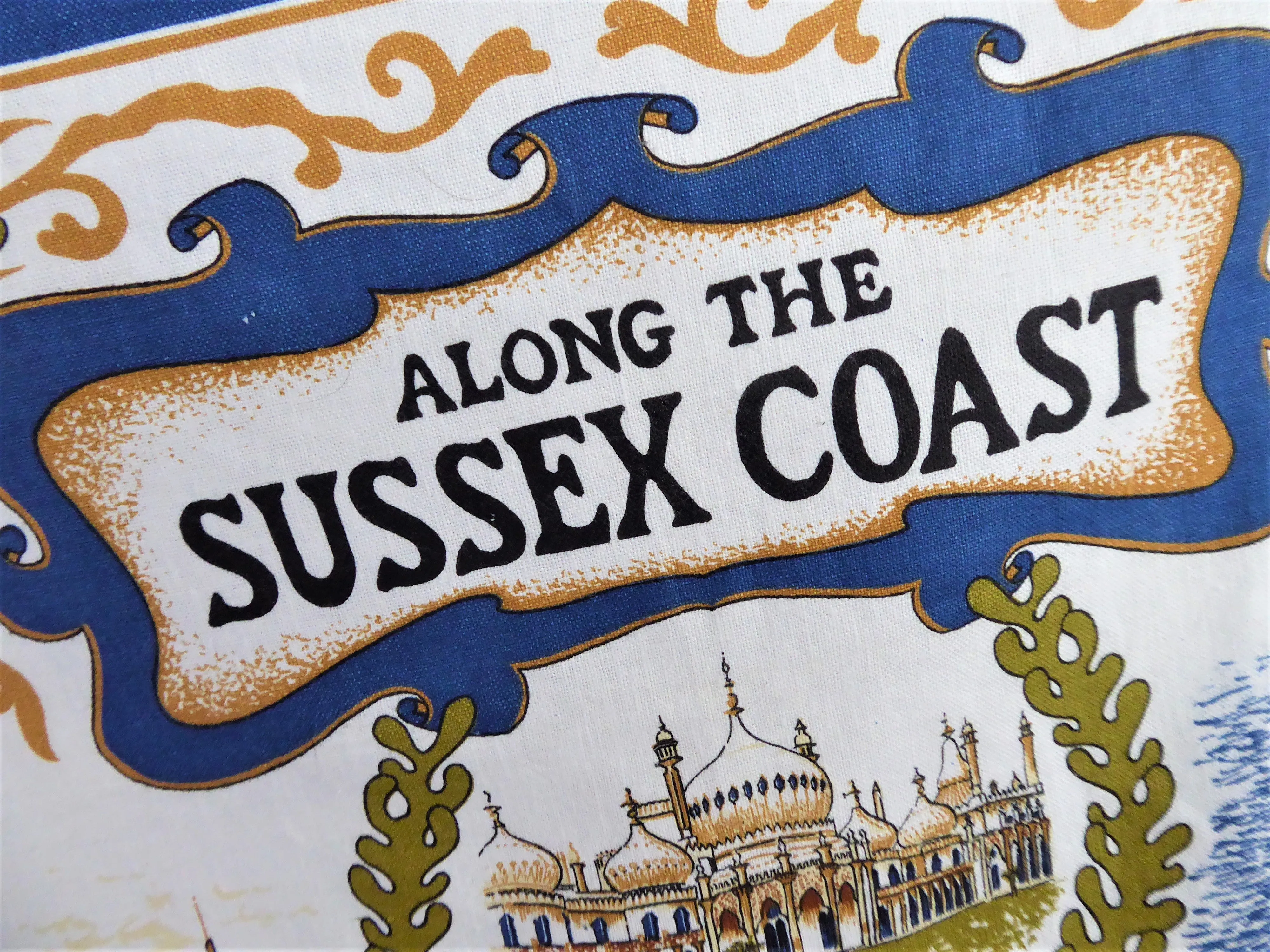 Vintage Sussex Coast Tea Towel 1970s Brighton Worthing Beachy Head Colourful Cotton