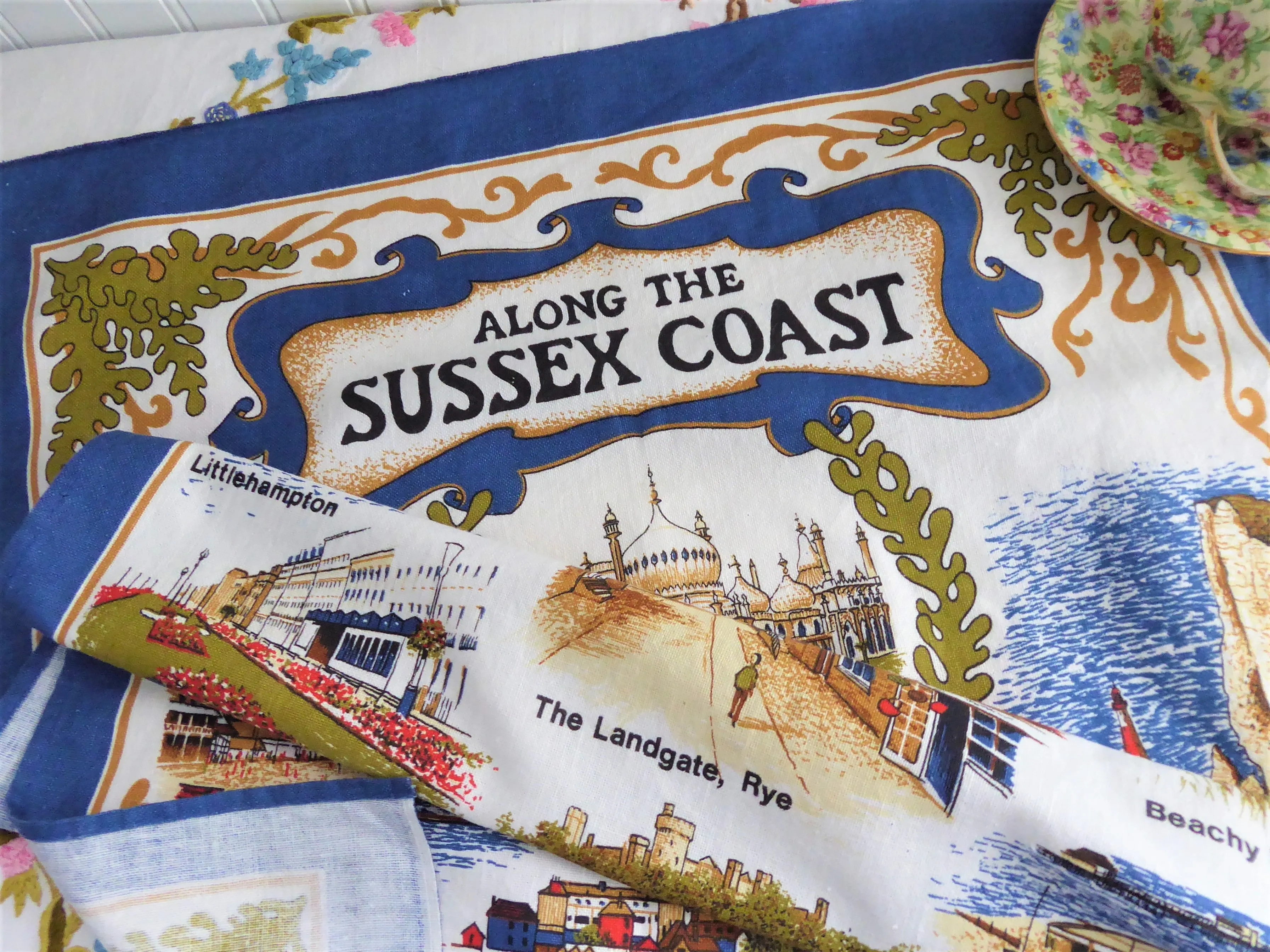 Vintage Sussex Coast Tea Towel 1970s Brighton Worthing Beachy Head Colourful Cotton