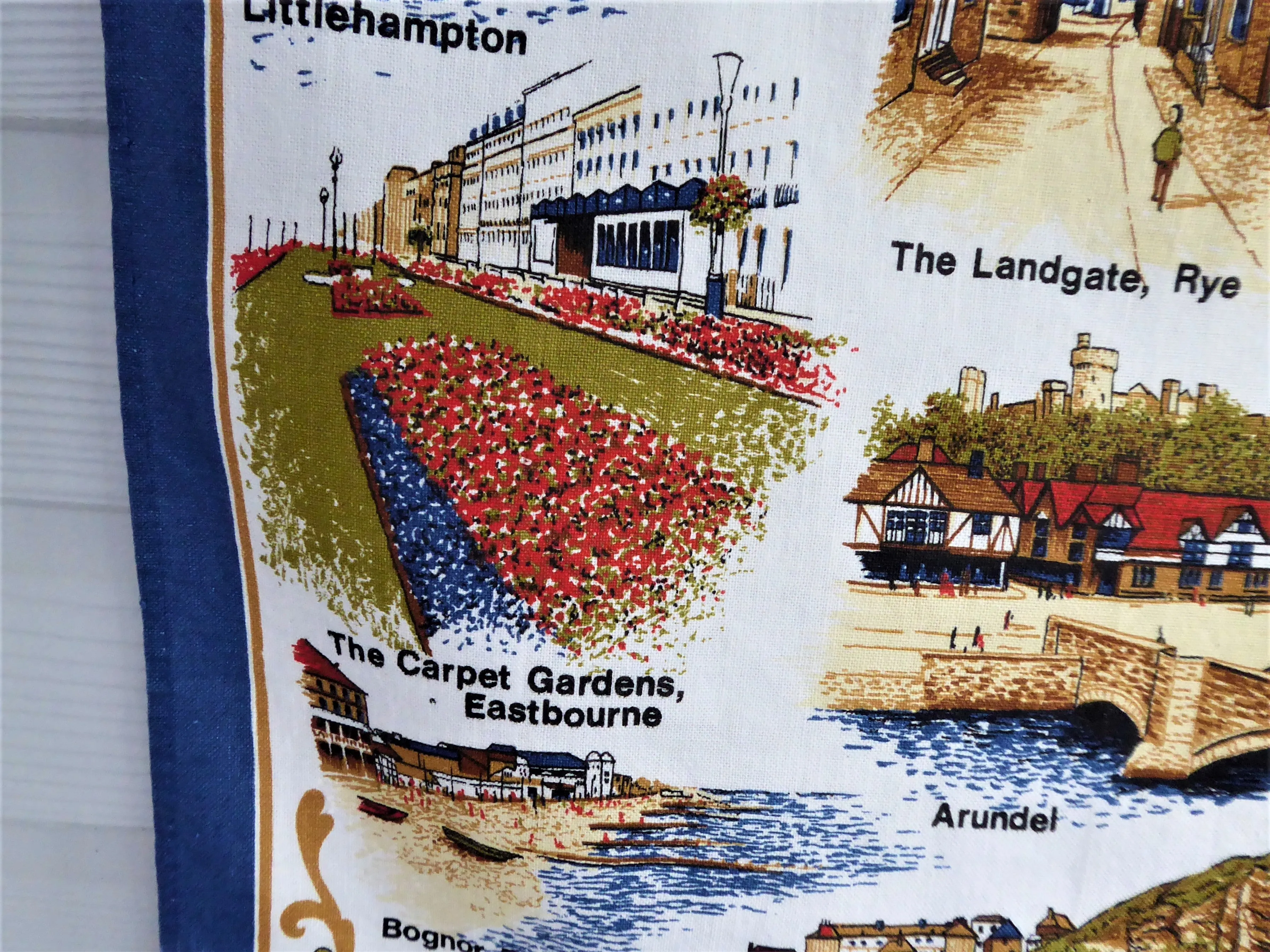 Vintage Sussex Coast Tea Towel 1970s Brighton Worthing Beachy Head Colourful Cotton