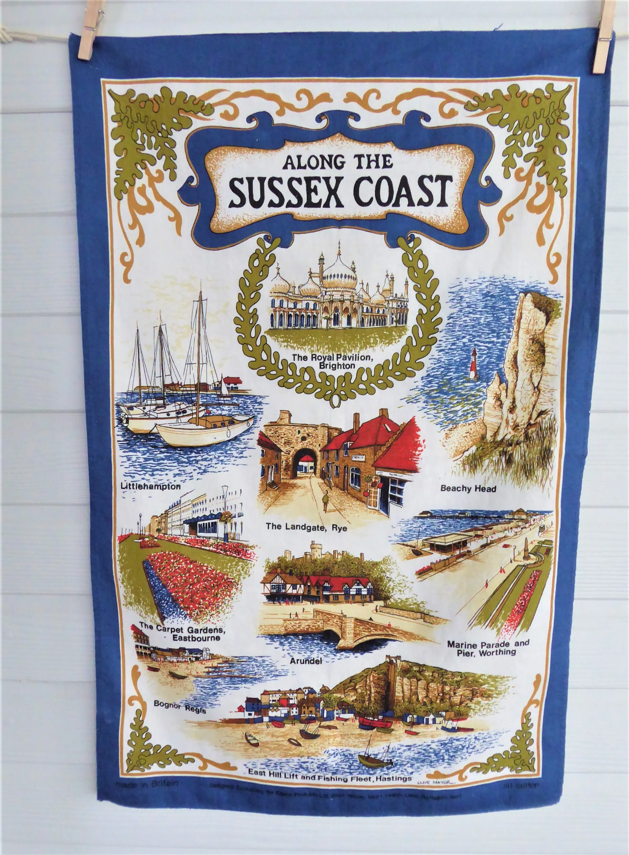 Vintage Sussex Coast Tea Towel 1970s Brighton Worthing Beachy Head Colourful Cotton