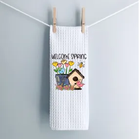 Welcome Spring Design, Spring Tea Towel,  Kitchen Décor, Hostess Gift