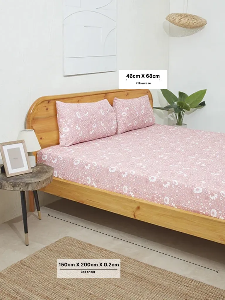 Westside Home Pink Floral Design Double Bed Fitted Sheet with Pillowcase Set