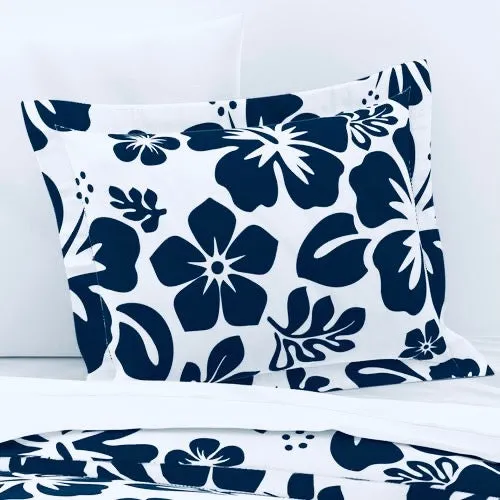 White and Navy Blue Hibiscus and Hawaiian Flowers Duvet Cover -Medium Scale