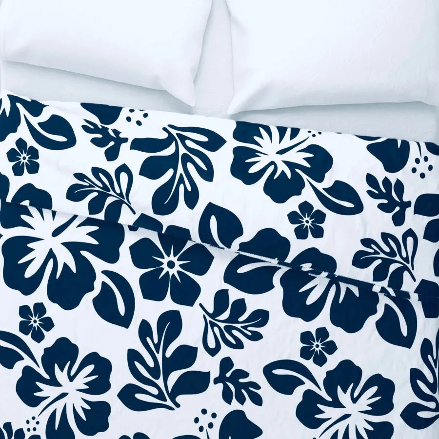 White and Navy Blue Hibiscus and Hawaiian Flowers Duvet Cover -Medium Scale